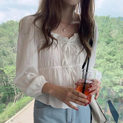 Fashoin New Vintage Loose White Blouse Women Casual Long Sleeve Ruffled Shirt Tops Fashion Square Collar Solid Lady Shirts 11700
