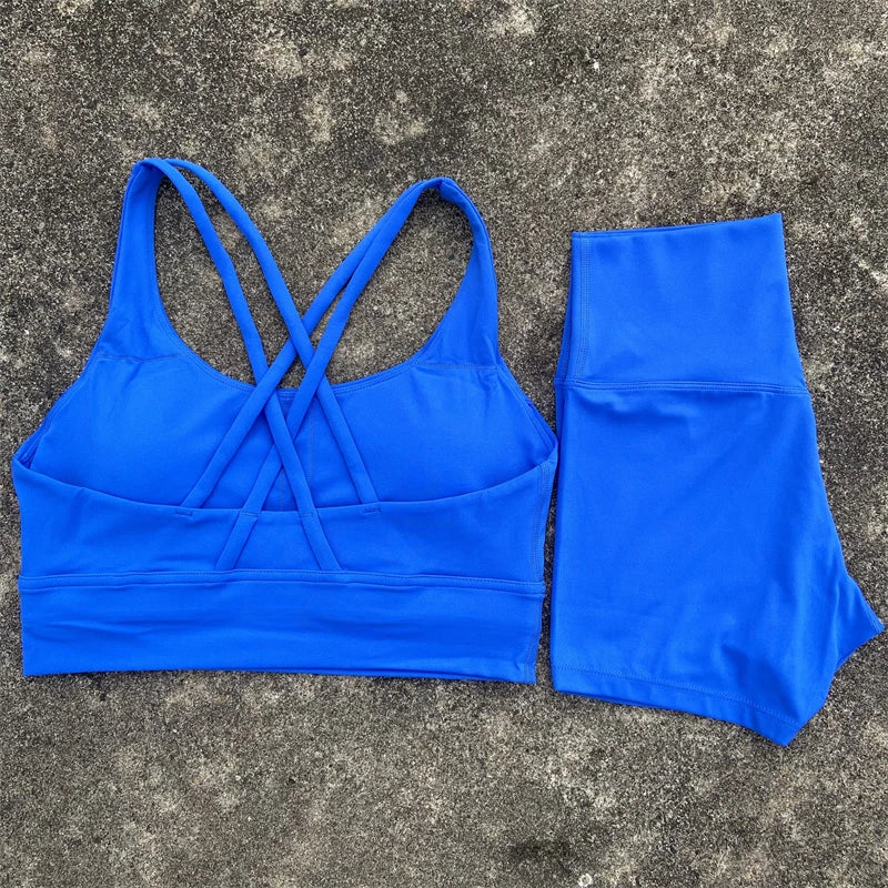 Yoga Shorts Set Gym Sports Set Women Workout Clothes 2 Piece Fitness Suit Cross Straps Bra High Waist Shorts Running Tracksuit