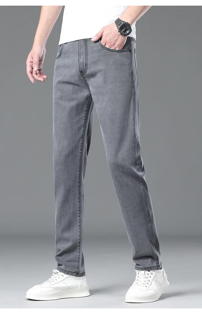Summer Lyocell Ultra-thin Jeans Men Straight Stretch Breathable Denim Pants Fashion Business Casual Male Trousers Black Gray