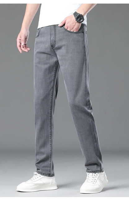 Summer Lyocell Ultra-thin Jeans Men Straight Stretch Breathable Denim Pants Fashion Business Casual Male Trousers Black Gray