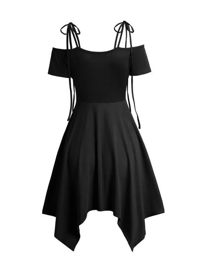 Women's Dress Cold Shoulder Lace Up Asymmetric Dress Tie Knot Shoulder Chain Solid Color Short Sleeve Dress