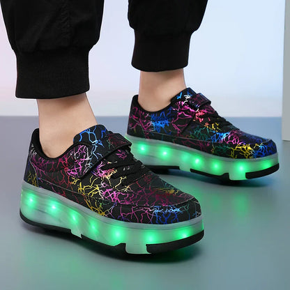 4 Wheel Dual-Use Roller Skates with Detachable Wheels ,Sneakers with LED Boys Girls Shoes with Wheels,Speed Skate Sizes 29-42