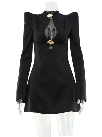 Elegant Women's Mini Dresses Solid Sexy Bodycon Slim Fit Hollow Out Regular Long Flare Sleeve A Line Trend Casual Female
