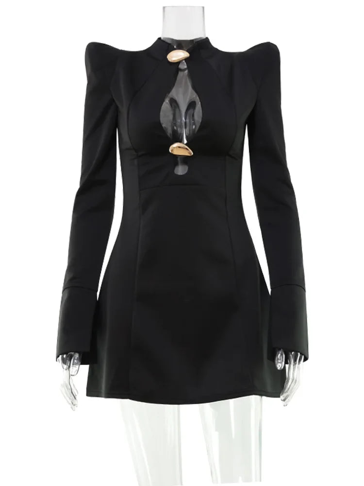 Elegant Women's Mini Dresses Solid Sexy Bodycon Slim Fit Hollow Out Regular Long Flare Sleeve A Line Trend Casual Female