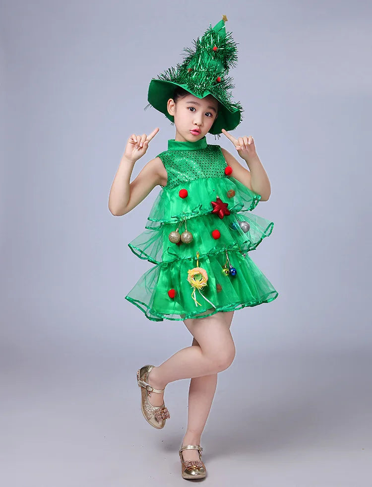 2 4 6 8 10 Yrs Fancy Christmas Tree Dress for Little Girls Xmas Party New Year Frock Kids Santa Claus Lovely Pinetree Ball Gown