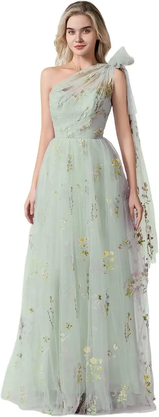 Vestido Longo de Formatura Feminino Elegante de Um Ombro Só com Bordado Floral em Tule, Modelo Godê para Festas de Gala