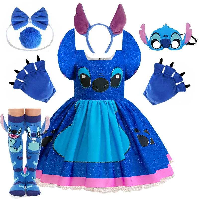 Vestido Lilo Stitch Meninas Disney Stitch Desenho Animado Cosplay Fantasia de Carnaval 2-10 Anos Crianças Desenho Animado Estampado Roupas de Festa de Halloween