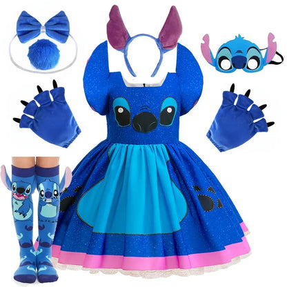 Vestido Lilo Stitch Meninas Disney Stitch Desenho Animado Cosplay Fantasia de Carnaval 2-10 Anos Crianças Desenho Animado Estampado Roupas de Festa de Halloween