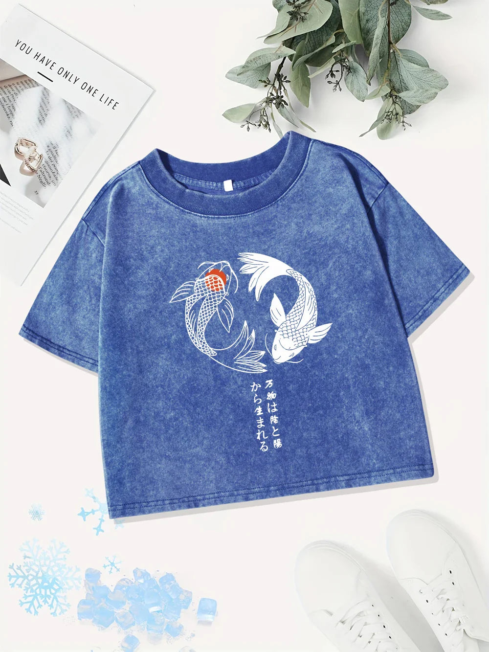 Casual Cotton Crop Tops Womens Japanese Koi Harajuku Prints Washed T-Shirts Street O-Neck Regular Fit Streetwear Sexy Clothes