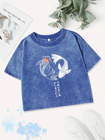 Casual Cotton Crop Tops Womens Japanese Koi Harajuku Prints Washed T-Shirts Street O-Neck Regular Fit Streetwear Sexy Clothes