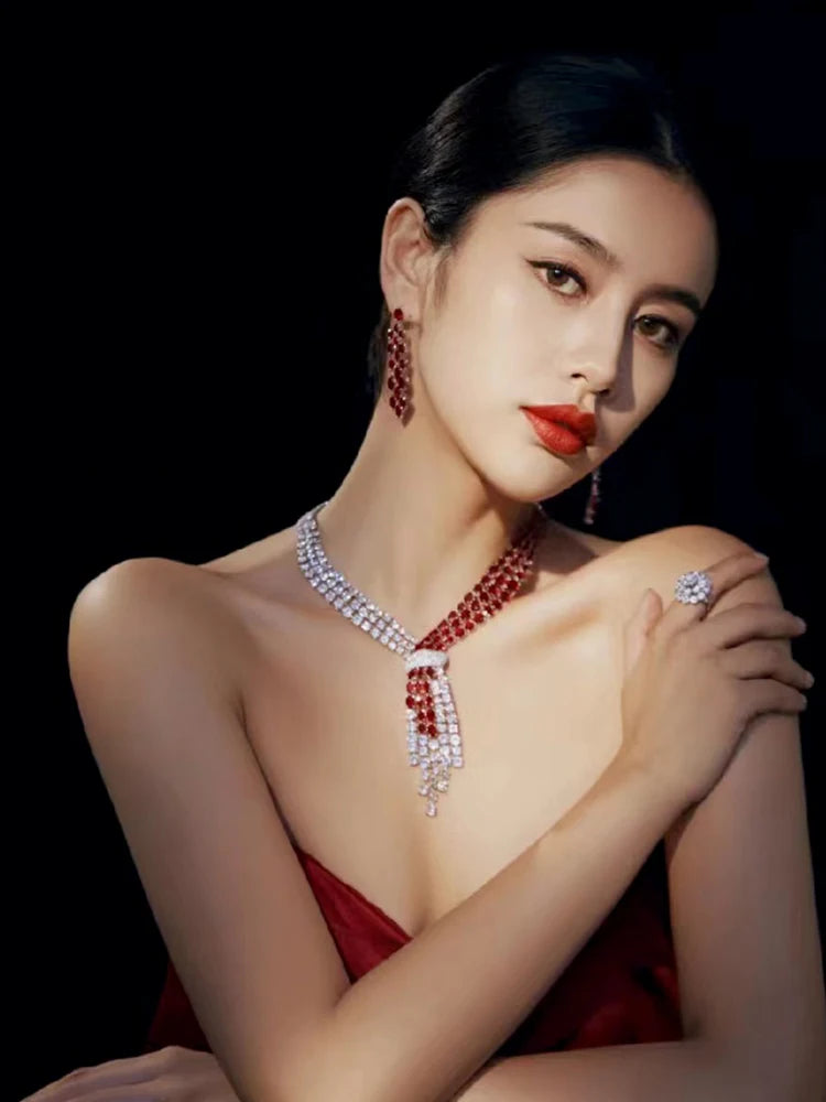 Luxury Blue 2 Piece Tassel Necklace Cubic Zircon Jewelry Set Women Wedding European Party Jewelry Set X0140