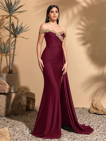 Off-the-shoulder lace neckline, pleated waist and side ribbon slit dress