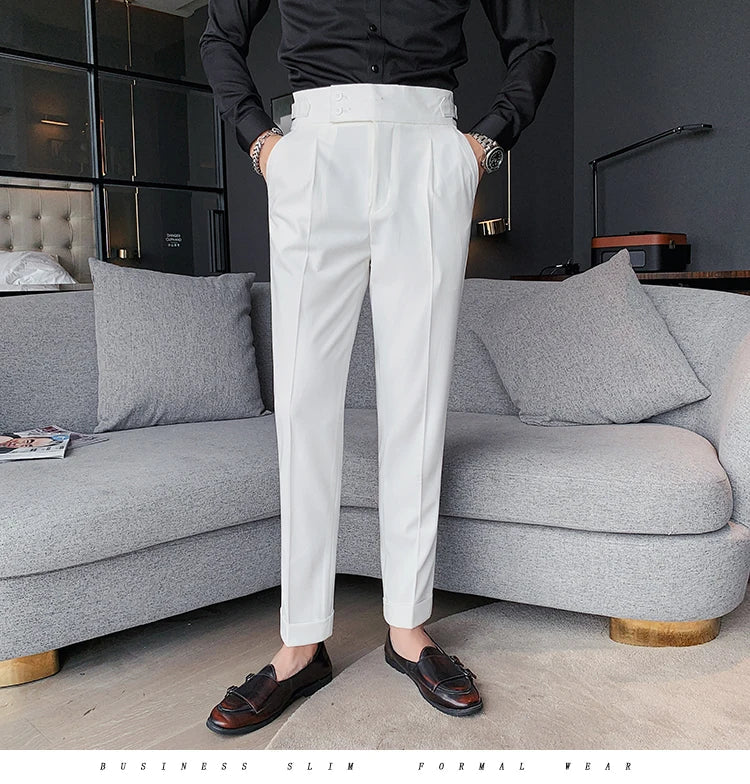 Men British Style Suits Pants New Male Solid High Waist Trousers High Quality Men Formal Slim Fit Business Casual Suit Pants