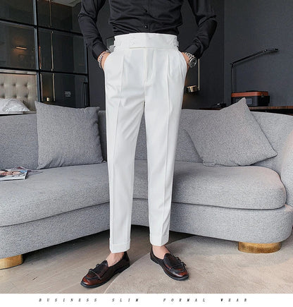 Men British Style Suits Pants New Male Solid High Waist Trousers High Quality Men Formal Slim Fit Business Casual Suit Pants