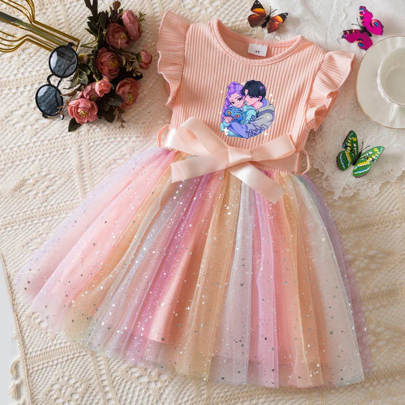 Girls Flying Sleeves Bow Sequin Dress Kids Baby Girl Birthday Party Fluffy Tutu Princess Dress 1-5Y