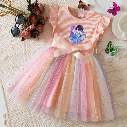 Girls Flying Sleeves Bow Sequin Dress Kids Baby Girl Birthday Party Fluffy Tutu Princess Dress 1-5Y