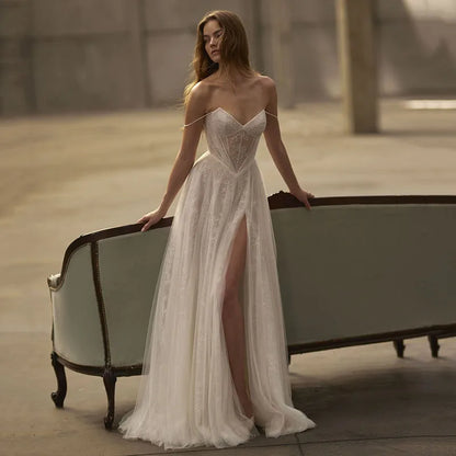 Boho Beach A-Line Wedding Dresses Spghetti Straps Lace Split Bridal Dress Princess Wedding Ball Prom Gowns Customized