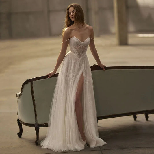 Boho Beach A-Line Wedding Dresses Spghetti Straps Lace Split Bridal Dress Princess Wedding Ball Prom Gowns Customized