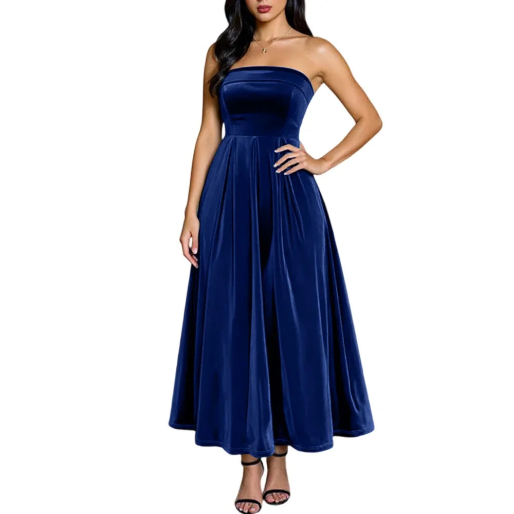 Women's Elegant Party Dresses Strapless Backless Velvet Long Dress Fashion Retro Dress Female Evening Dresses Vestidos Largos