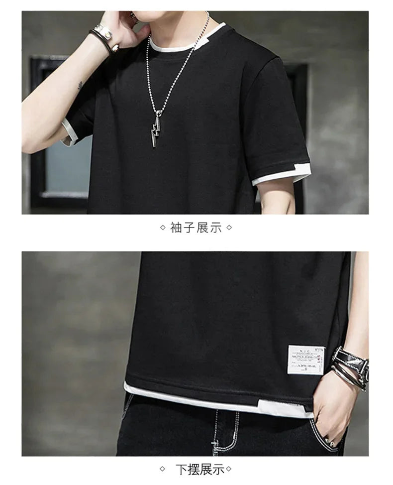 Classic Fake Two Short Sleeved Men's Pure Cotton T-shirt, Men's Summer Men's Interior Matching Trendy Brand T-shirt
