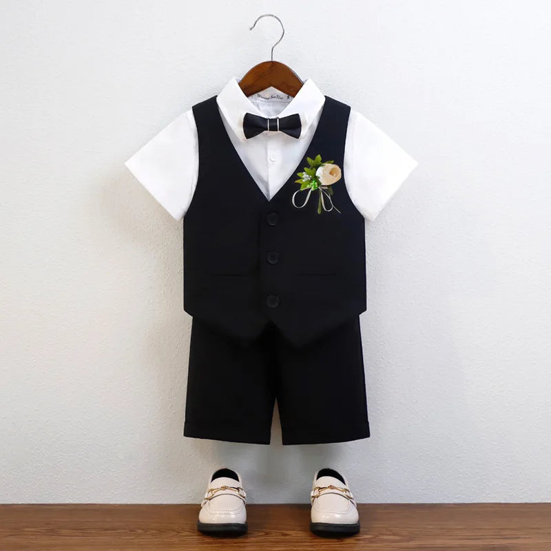 Children Boy Summer Cool Green Suit Kids Boys Vest Shirt Shorts Bowtie Ceremony Costume Formal Boys Breathable Slim Wedding Suit