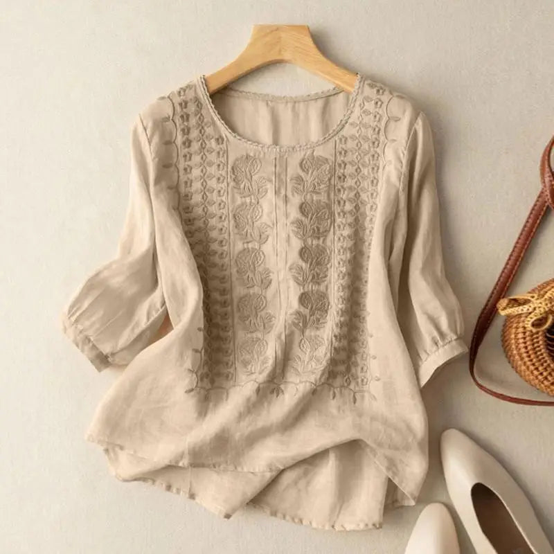 Elegant Women Embroidered Blouses Autumn 2024 3/4 Puff Sleeve Transparent Blusas Mujer Casual Vintage Cotton Shirts Tops