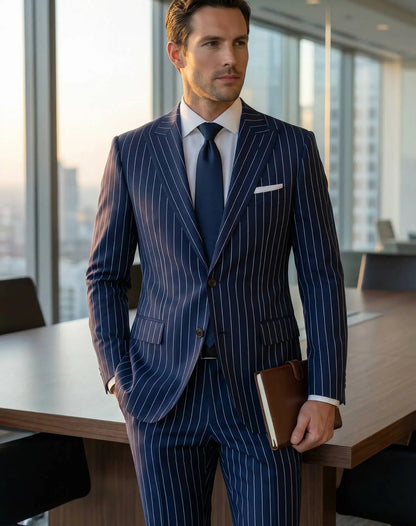 Elegant dark blue striped men's suit; 2 pieces of fashionable double-breasted, collarless slim-fit jacket and trouser set new st