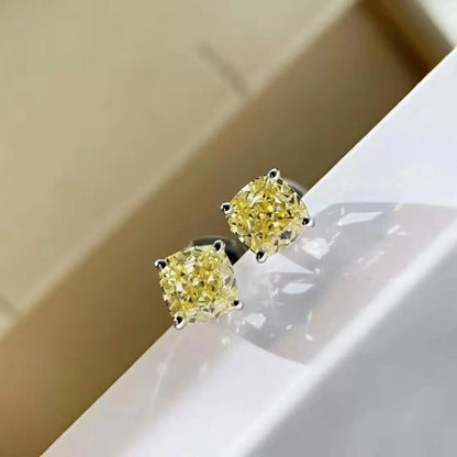 100% 925 Sterling Silver 1CT Four-claw Fat Square High Carbon Stone Citrine Gemstone Earrings Stud Fine Jewelry Wholesale