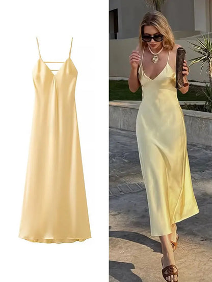 Women Summer Yellow Stain V Neck Sling Dress Elegant Sleeveless Loose Maxi Robes 2025 New Ladies Party Holiday Dresses
