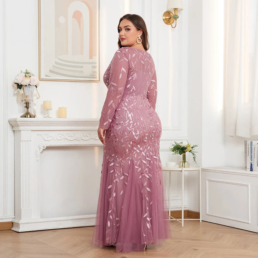 2024 Plus Size Evening Dresses Mermaid O Neck Full Sleeve Lace Appliques  vestidos elegantes  party dress  long