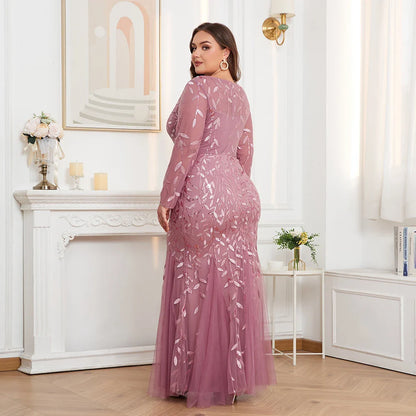 2024 Plus Size Evening Dresses Mermaid O Neck Full Sleeve Lace Appliques  vestidos elegantes  party dress  long