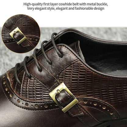 Genuine Leather Brogue Shoes Formal Oxford Lace-up  Dress Shoes Handcrafted Male Business Office Man Side Metal Buckl