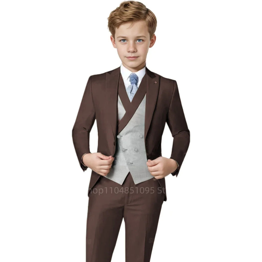 Elegant Orange Boy's Suit Set for Wedding 3 Pieces Suit Set Groom Tuxedo Sets Blazer Vest Pants Kids Guest Tuxedo Piano Suit