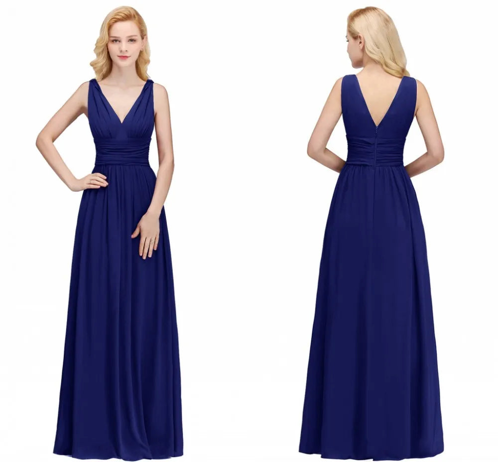 Elegant Burgundy V Neck Long Evening Dresses Summer Sleeveless Chiffon Ruched Formal Wedding Party Prom Gowns Vestido De Fiesta