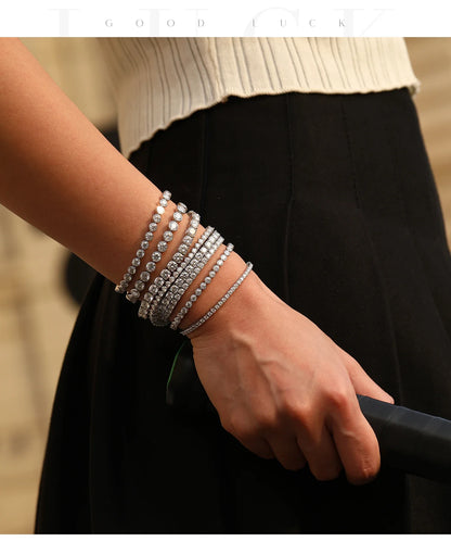 D VVS1 Round Moissanite Tennis Bracelet 3mm/4mm/5mm 925 Sterling Silver Tennis Stackable Bracelets for Women Men Jewelry
