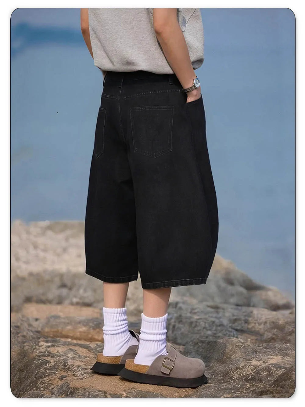 Summer American Style Retro Black Ultra Baggy Machete Wide Leg Denim Shorts Fashion Men's Women's Daily Jeans Capris Jeans