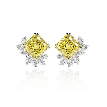 10x10mm 11 Carats Square Yellow 5A Zircon Flower Stud earrings for women S925 Sterling Silver Wedding party Bride jewelry