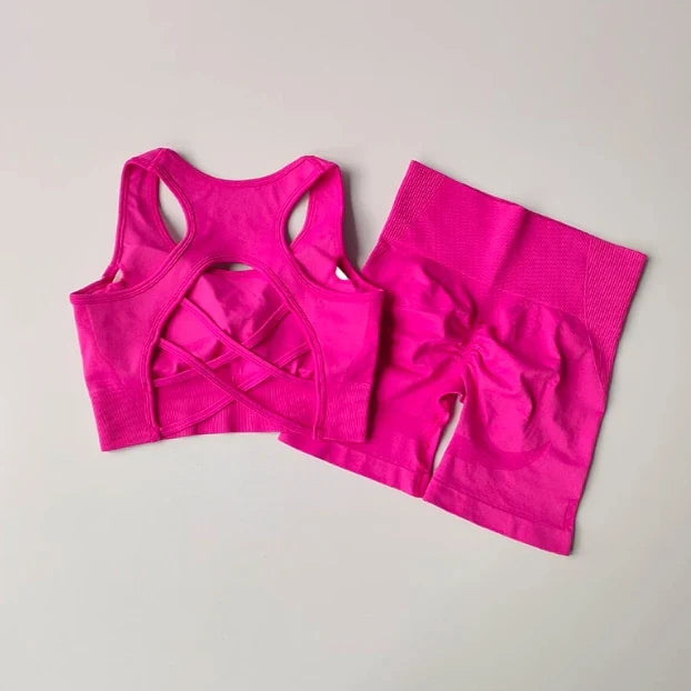 Women's yoga exercise set, paired with cross gathered back and high waisted hip lifting sports shorts