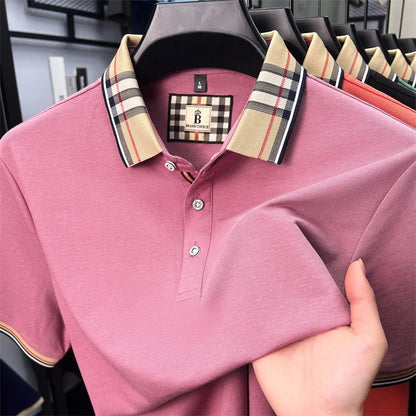 Fashion brand luxury short sleeve polo shirt men summer quality silky cotton breathable business casual striped collar T-shirt