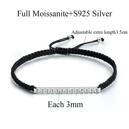 2/3mm Full Moissanite Bracelet for Women S925 Silver Lab Diamond Adjustable Braided Rope Chain Party Fine Jewelry Gift