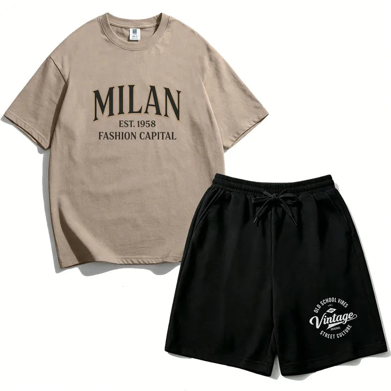 Summer Boys Cotton T-Shirt Shorts Set Casual Kids Milan Graphic Print Short Sleeve Suit Children's Outfit 2026 ML1