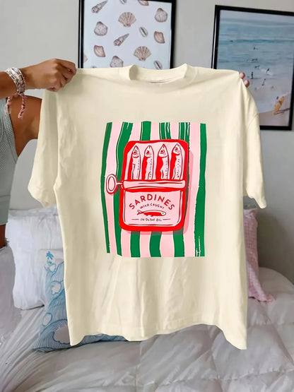 American Y2k Sardine Pattern Printing Women's Casual T-shirt Summer Y2k Multifunctional Street Clothing Short-sleeved Top