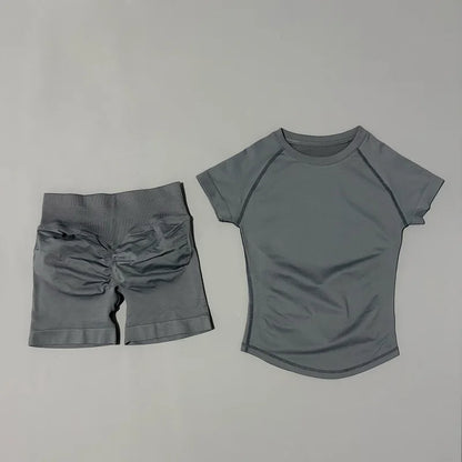 2 Piece Gym Sets Women Seamless Short Sleeve Top Butt Lifting Shorts Workout Fitness Running Sports Yoga Tracksuit