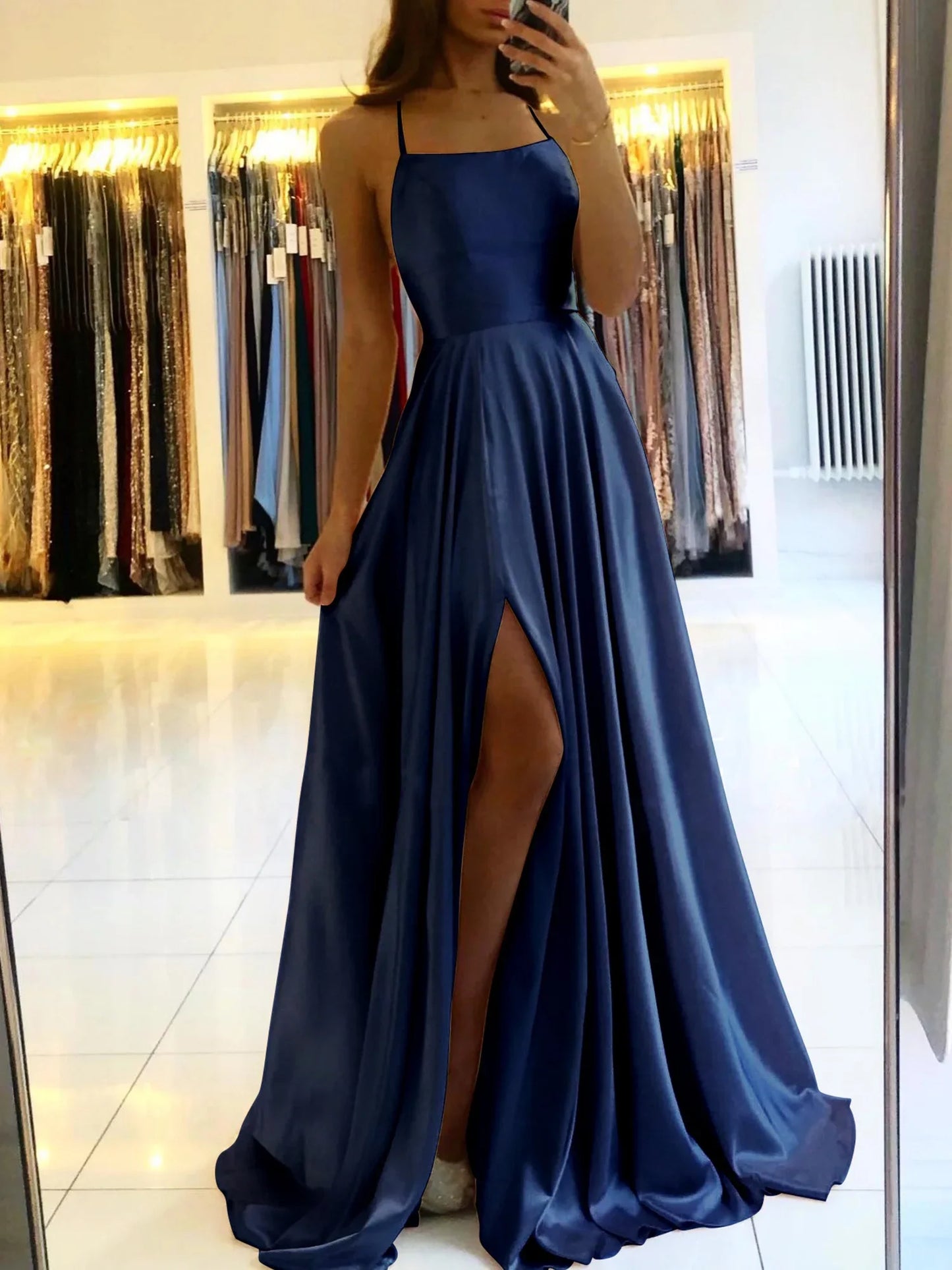 2025 Vestidos Longos de Cetim Verde Escuro para Madrinhas de Casamento com Alças Finas Fenda Sexy Decote nas Costas Maxi Vestidos de Noite Femininos
