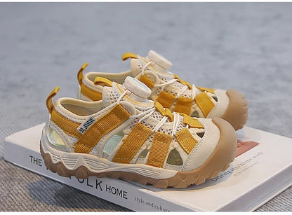 Kids' Rotating Button Closed-Toe Sandals, Breathable Mesh Shoes, Non-Slip Boy Girls Barefoot Shoes Summer Casual Sports Sandals
