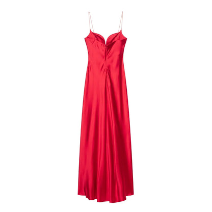 Women Red V-Neck Holiday Style Satin Texture Long Dress Sleeveless Summer Women's Back Zipper Fashion Sling Dresses