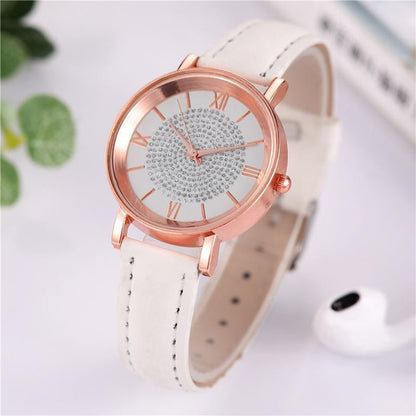 Women Watch Ladies Rhinestone Dial Wristwatch Leather Band Quartz Watches Gifts