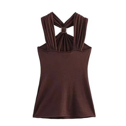 New Halter Tops Fashion Metal Decoration Crop Top Woman 2026 Sleeveless Hanging Collar Short Tops For Women Sexy Party Top