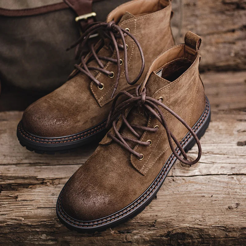 Men's Vintage Split Suede Boots Brown High-Top Work Boots Lace-Up Desert Ankle Rugged Sole Boots Outdoor Winter Fall Shoes