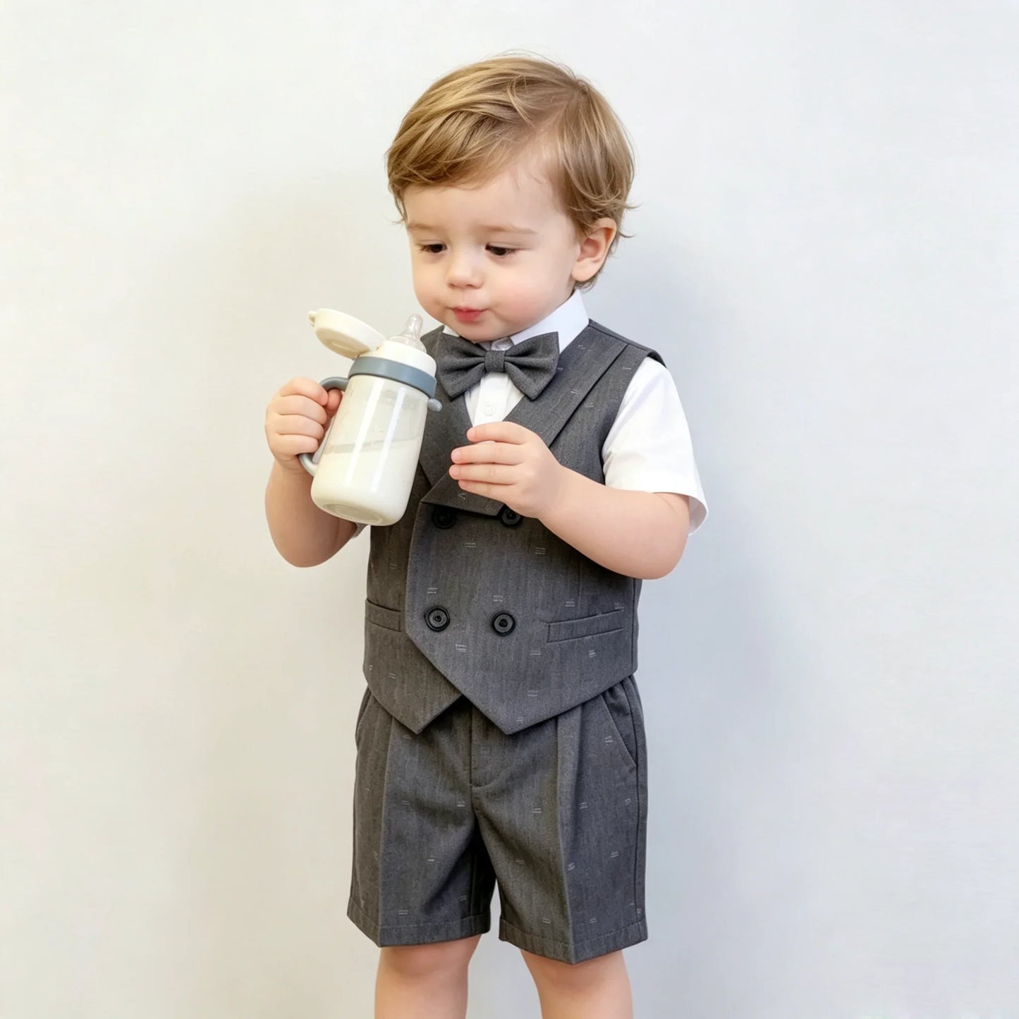 Kids Boys Formal Suit Set Denim Gray Vest Shorts Bowtie 3PCS Wedding Birthday Party Gentleman Outfit for Toddler 1-8Yrs Clothes